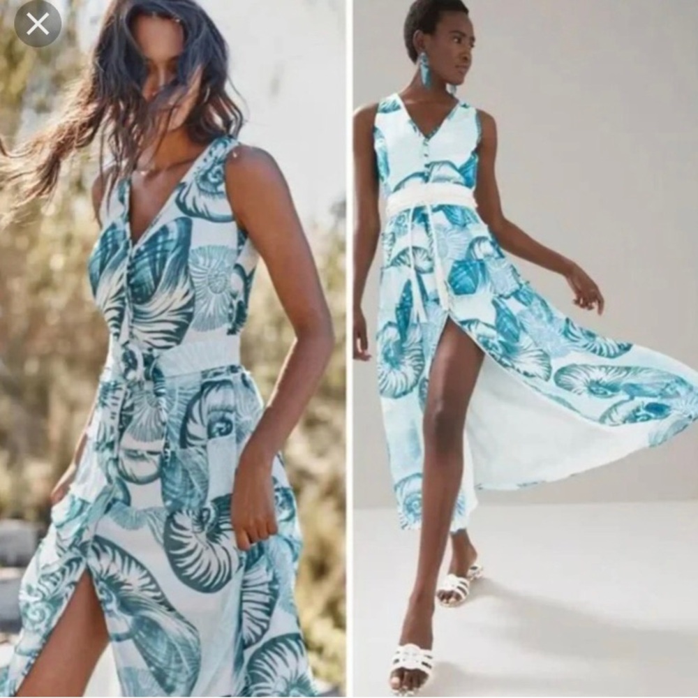 New WHBM White House Black Market Fossils Sea Shells Dress Turquoise & White 6